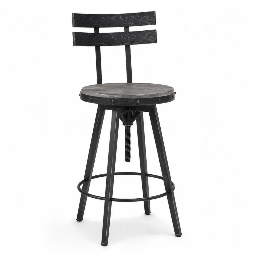Barhocker höhenverstellbar mit Rückenlehne runder Sitz Kiefernholz Stahl Schwarz 46 x 46 x 94-114 cm