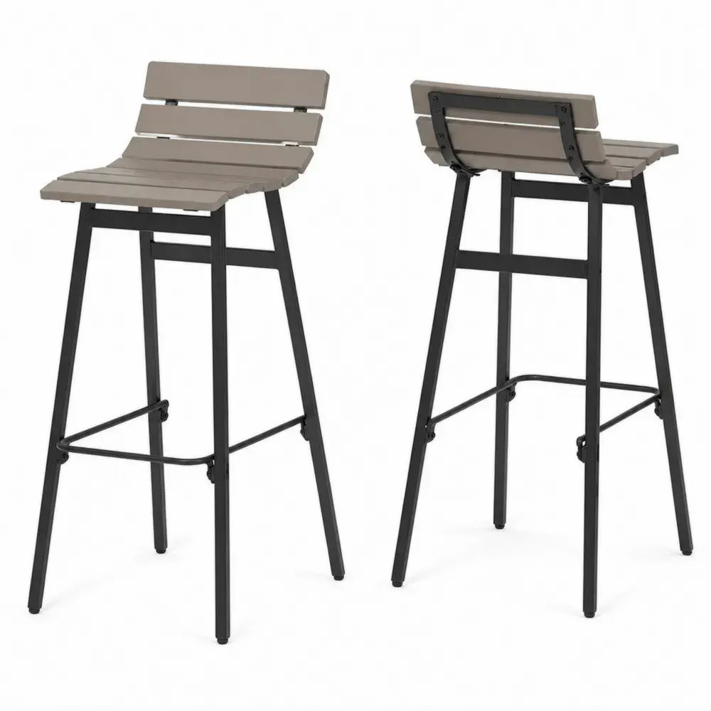 2er Set Barhocker mit Rückenlehne Lamellensitz HDPE Stahl Taupe Schwarz 48 x 55 x 105 cm