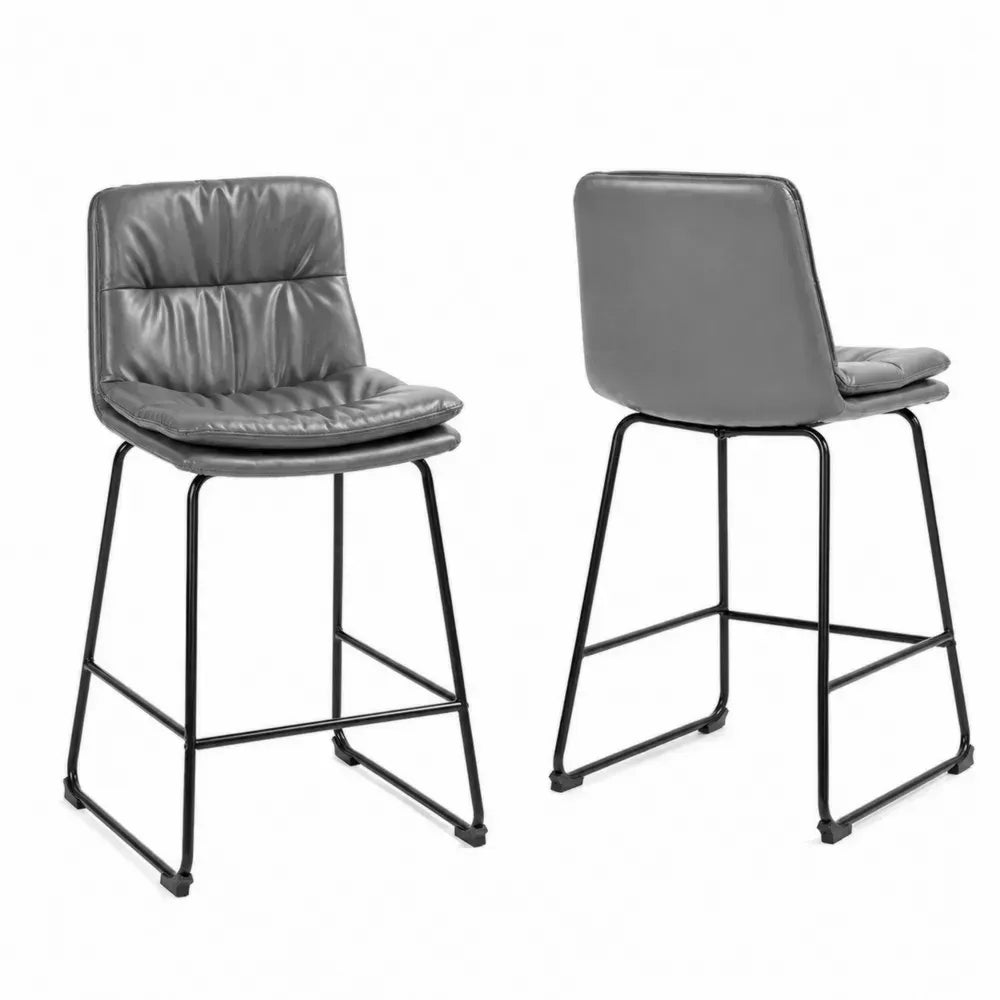 2er Set Barhocker mit Rückenlehne Kufengestell PU-Kunstleder Stahlrohr Grau Schwarz 50 x 52 x 92 cm