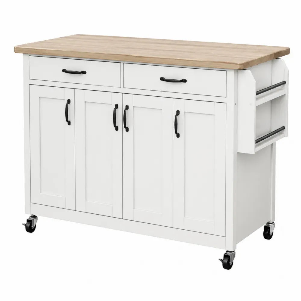 Küchenwagen mit Rollen 2 Schubladen 4 Türen und Seitenablage aus MDF und Kautschukholz rechteckig Weiß Naturbraun Schwarz B 115 x T 45 x H 90 cm