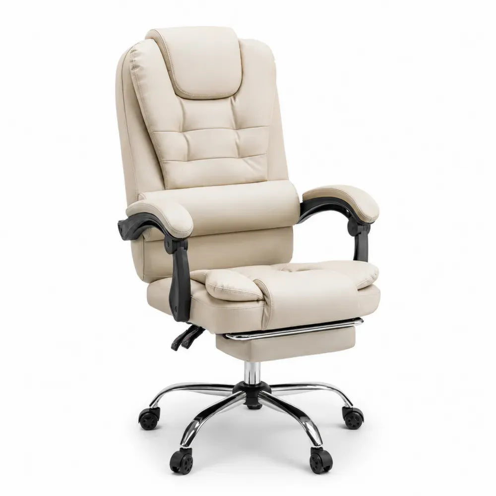 Bürostuhl Chefsessel höhenverstellbar mit Rollen Armlehnen und ausziehbarer Fußstütze aus PU-Kunstleder und Stahl Beige Schwarz Silberfarben B 68 x T 70 x H 120 bis 130 cm