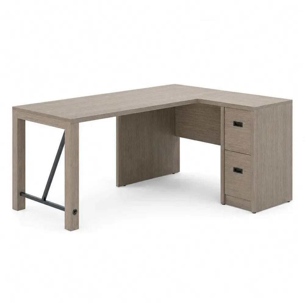 L Schreibtisch mit 2 Schubladen aus Spanplatte und Stahl Eiche Grau Schwarz L 160 x B 120 x H 75 cm