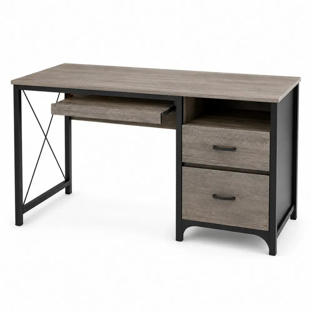 Schreibtisch mit 2 Schubladen Tastaturauszug und offenem Fach aus Spanplatte und Stahl rechteckig Grau Eiche Schwarz L 120 x B 55 x H 76 cm