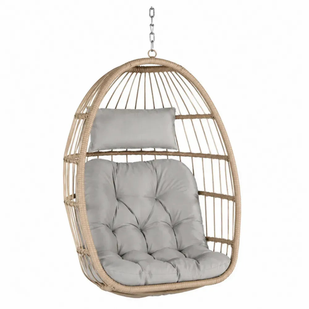Ovaler Hängesessel mit Kissen aus PE-Rattan und Stahlrahmen Natur Grau Silberfarben 100 x 70 x 120 cm