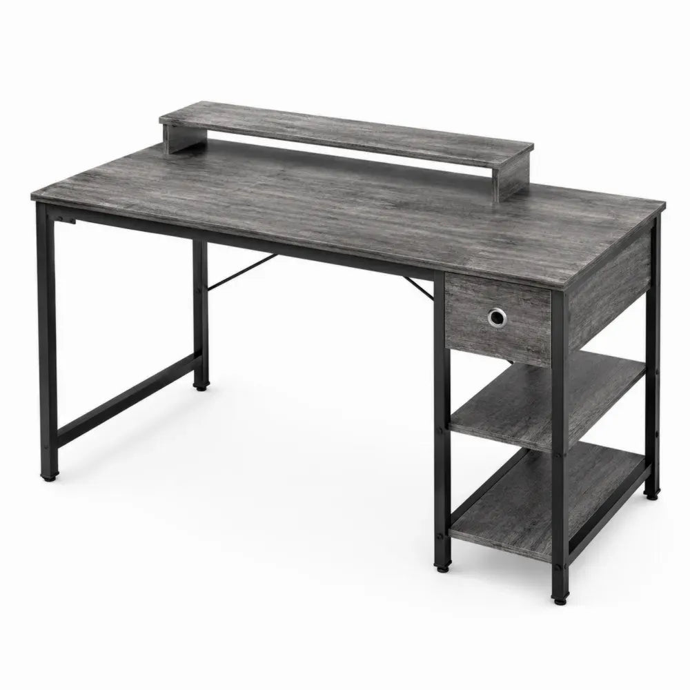 Schreibtisch mit Monitoraufsatz 1 Schublade und 2 Ablagefächern aus Spanplatte und Stahl rechteckig Grau Schwarz Silberfarben L 140 x B 60 x H 88 cm