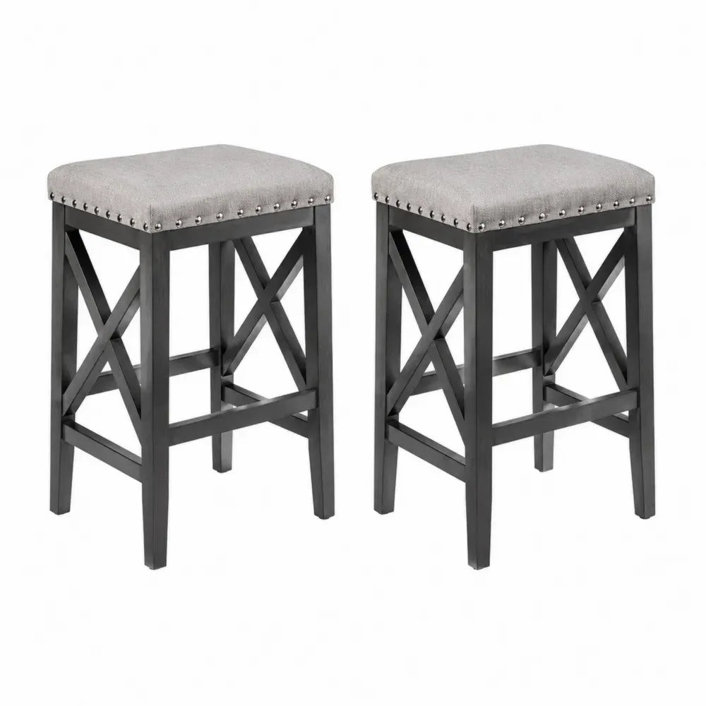 2er Set Barhocker gepolstert mit quadratischer Sitzfläche Kautschukholz Polyester Grau Schwarz Silberfarben 40 x 40 x 66 cm