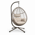 Eiförmiger Hängesessel mit Gestell aus PE-Rattan und Stahl mit Polyesterkissen Taupe Beige Dunkelbraun 105 x 105 x 198 cm