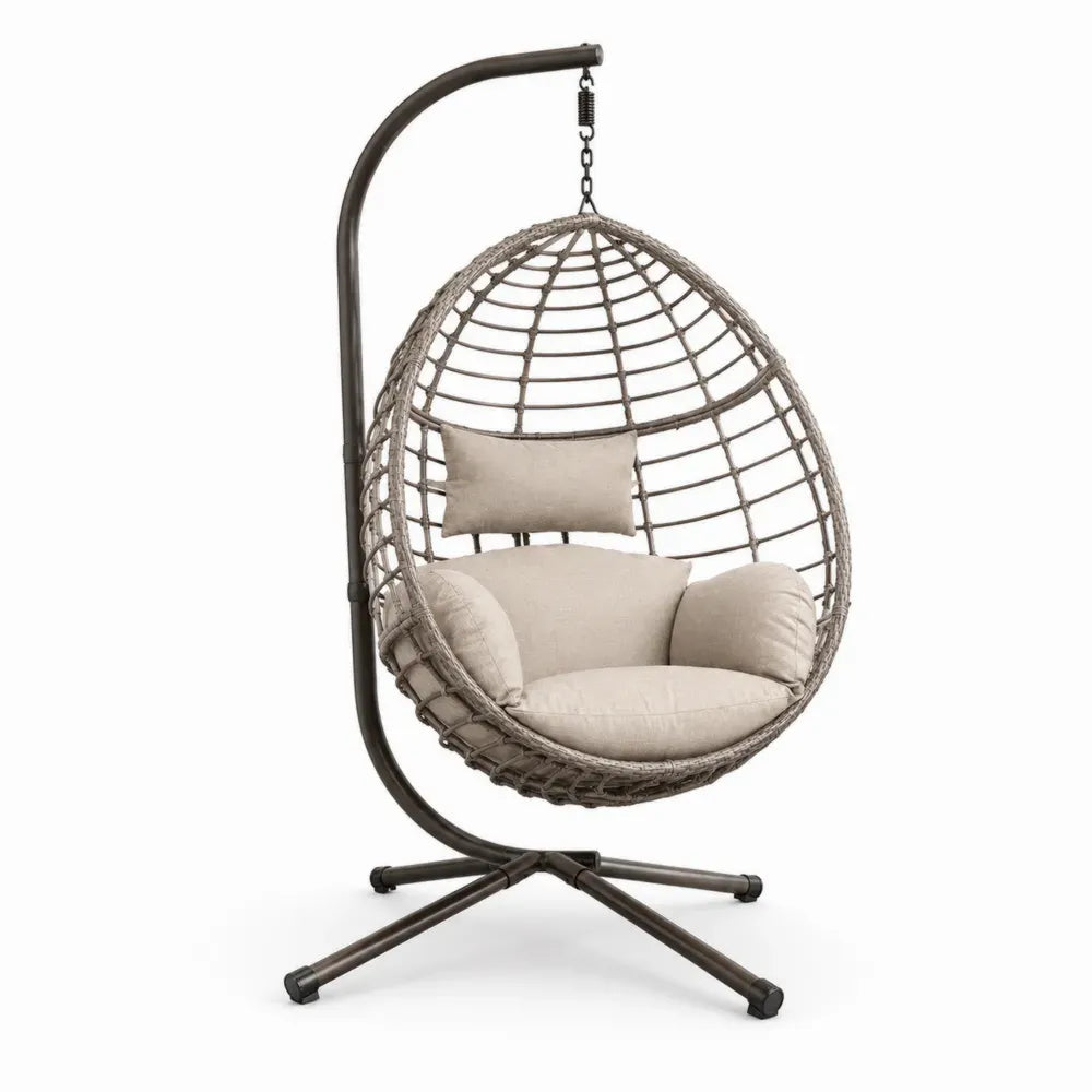 Eiförmiger Hängesessel mit Gestell aus PE-Rattan und Stahl mit Polyesterkissen Taupe Beige Dunkelbraun 105 x 105 x 198 cm