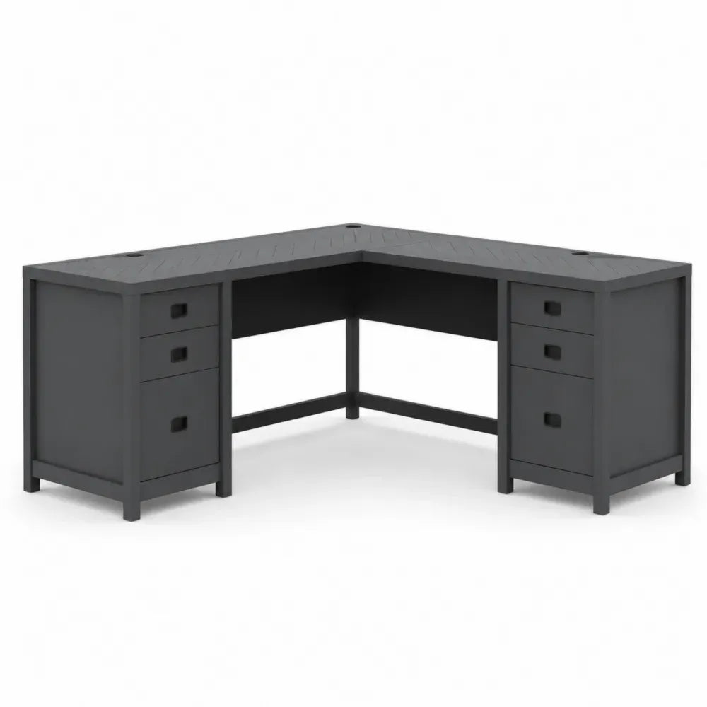 L-förmiger Schreibtisch mit 6 Schubladen und 3 Kabeldurchführungen aus Spanplatte Anthrazit Schwarz L 180 x B 180 x H 75 cm