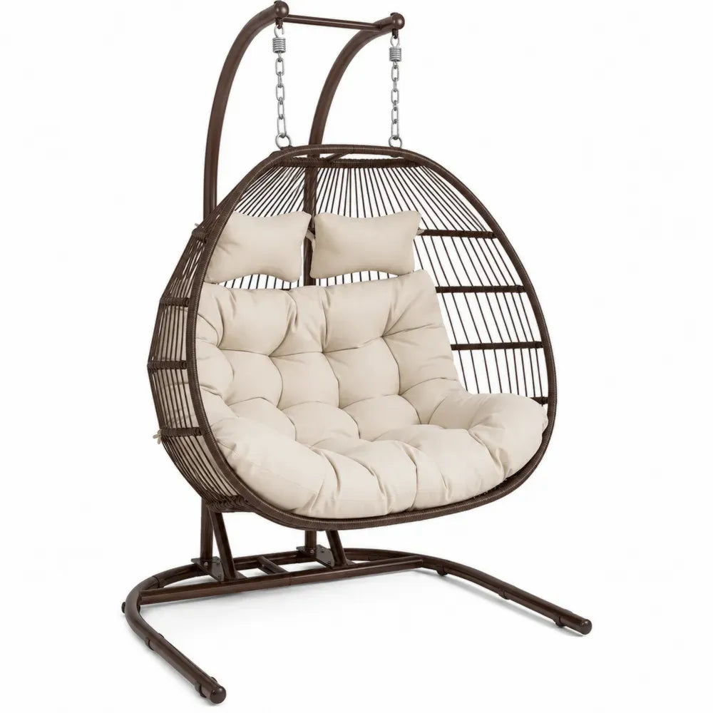 Hängesessel mit Gestell 2-Sitzer Ei-Form aus Stahl und PE-Geflecht mit Polyesterkissen Braun Beige Silberfarben 138 x 122 x 198 cm