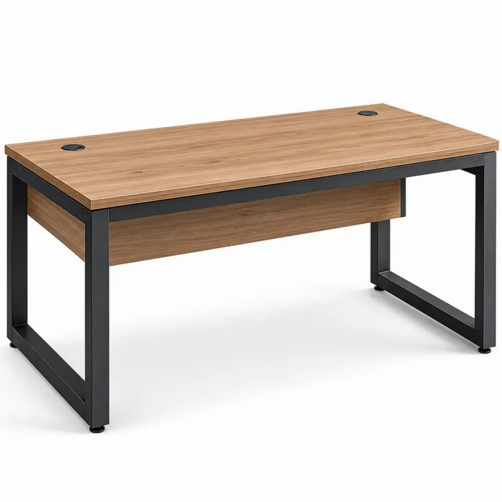 Schreibtisch Bürotisch mit 2 Kabeldurchführungen aus melaminbeschichteter Spanplatte und Stahl rechteckig Eiche Natur Schwarz L 140 x B 70 x H 75 cm