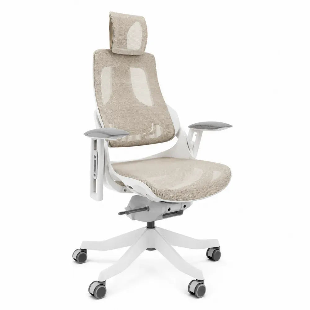 Bürostuhl Drehstuhl mit Kopfstütze Netzsitz Netzrücken und höhenverstellbaren Armlehnen aus Polyester-Netz und PP Beige Weiß Grau Schwarz B 65 x T 65 x H 118 bis 128 cm