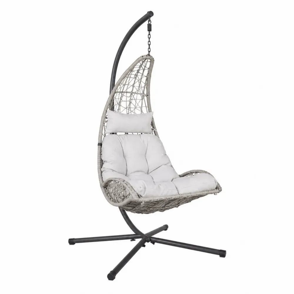 Tropfenförmiger Hängesessel mit Gestell aus PE-Rattan und Stahl mit Polyesterkissen Hellgrau Weiß Schwarz 95 x 95 x 196 cm