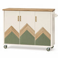 Küchenwagen mit Rollen 3 Türen und Seitenhandgriff aus MDF und Kautschukholz rechteckig Weiß Naturbraun Salbeigrün Goldfarben B 120 x T 45 x H 88 cm