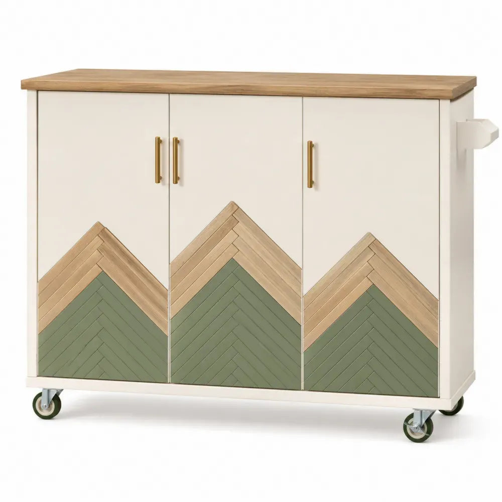 Küchenwagen mit Rollen 3 Türen und Seitenhandgriff aus MDF und Kautschukholz rechteckig Weiß Naturbraun Salbeigrün Goldfarben B 120 x T 45 x H 88 cm