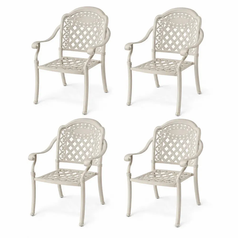 Gartenstühle 4er Set mit Armlehnen Ornament Rückenlehne Aluminiumguss Creme 56 x 58 x 90 cm