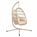 Tropfenförmiger Hängesessel mit Gestell aus PE-Rattan und Stahl mit Polyesterkissen Beige Creme Silberfarben Schwarz 105 x 105 x 196 cm