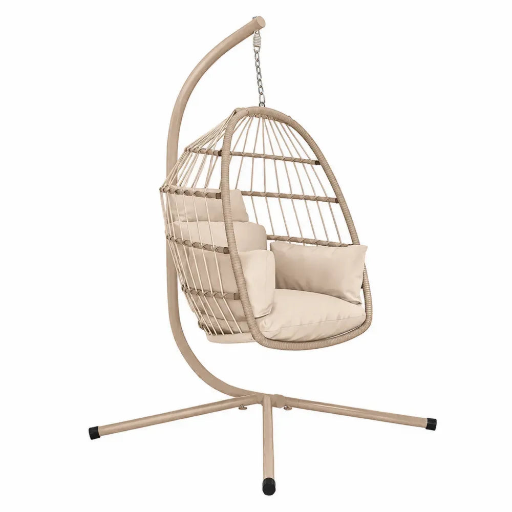 Tropfenförmiger Hängesessel mit Gestell aus PE-Rattan und Stahl mit Polyesterkissen Beige Creme Silberfarben Schwarz 105 x 105 x 196 cm