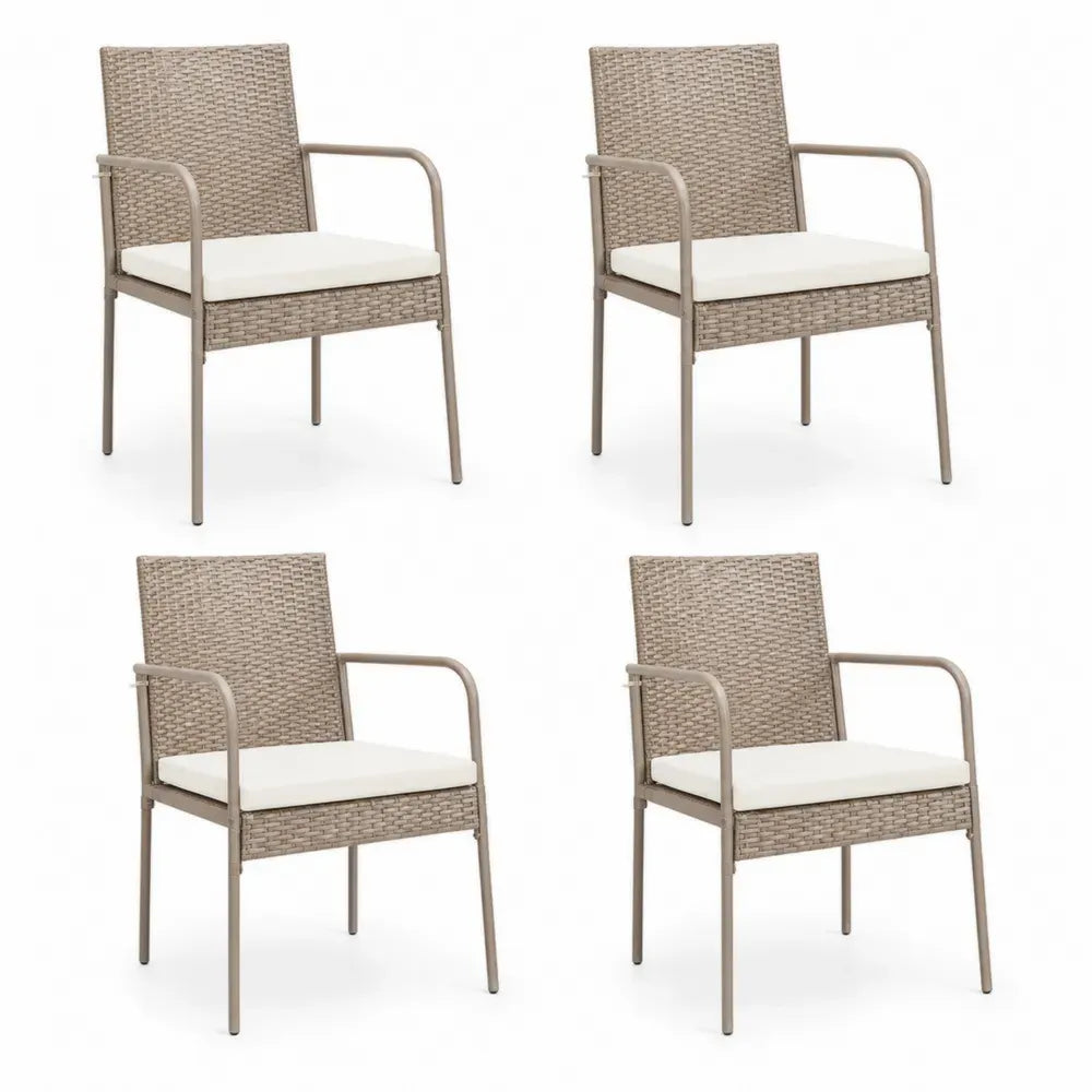 Gartenstühle 4er Set mit Armlehnen Sitzkissen PE Rattan Stahlrahmen Beige Creme Taupe 56 x 62 x 88 cm