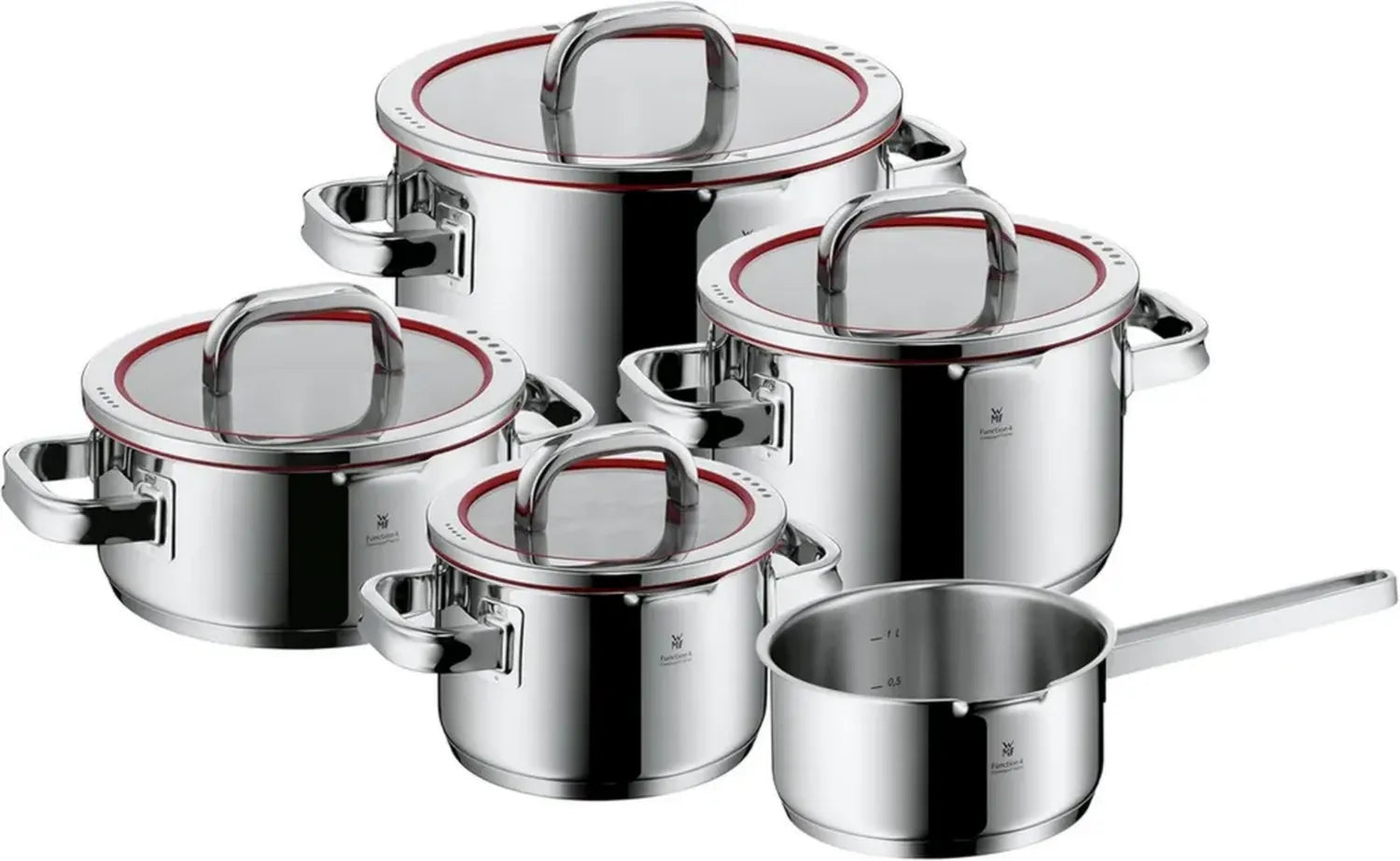 WMF 5-teiliges Induktions-Topfset mit Glasdeckeln und Abgießfunktionen, polierter Edelstahl, Innenskalierung