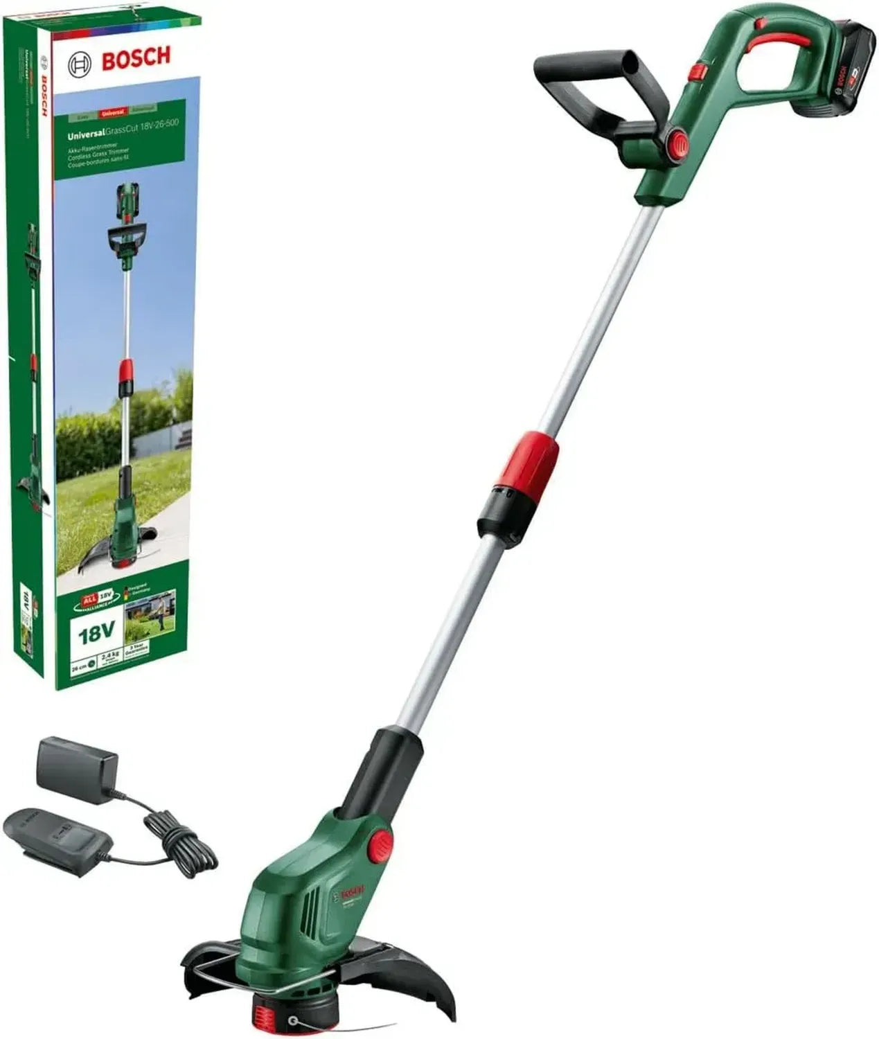 Bosch 18V Akku-Rasentrimmer UniversalGrassCut für präzises Trimmen und Kantenschneiden, 26 cm Durchmesser, mit 2.0 Ah Akku und Ladegerät