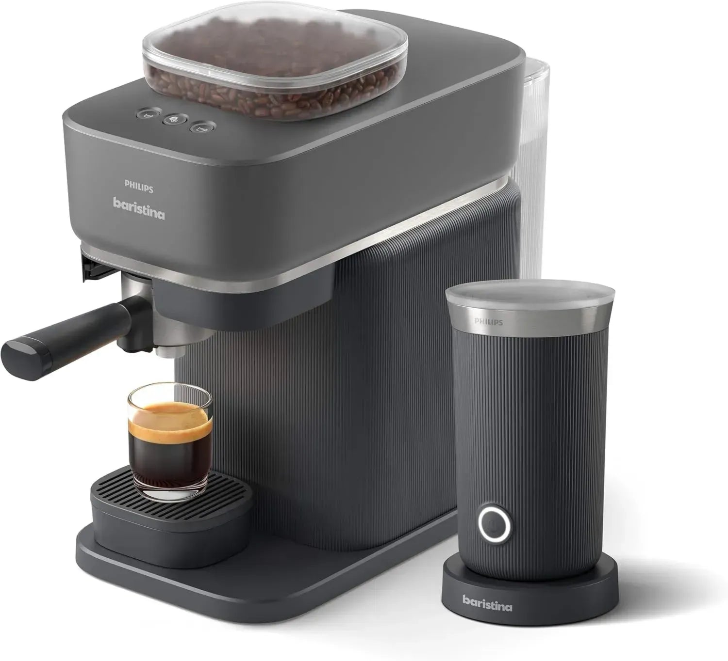 PHILIPS Baristina Espressomaschine mit Milchschäumer – Automatische Mahl-, Tamp- und Brühsystem, 16 Bar, Kaffeemaschine mit Mahlwerk & Siebträger, einfache Reinigung, Schwarzgrau