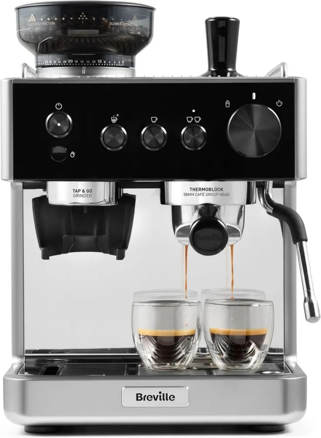 Breville Barista-Espressomaschine mit integrierter Mühle und Milchaufschäumer, 15-bar italienische Pumpe, Schwarz/Silber
