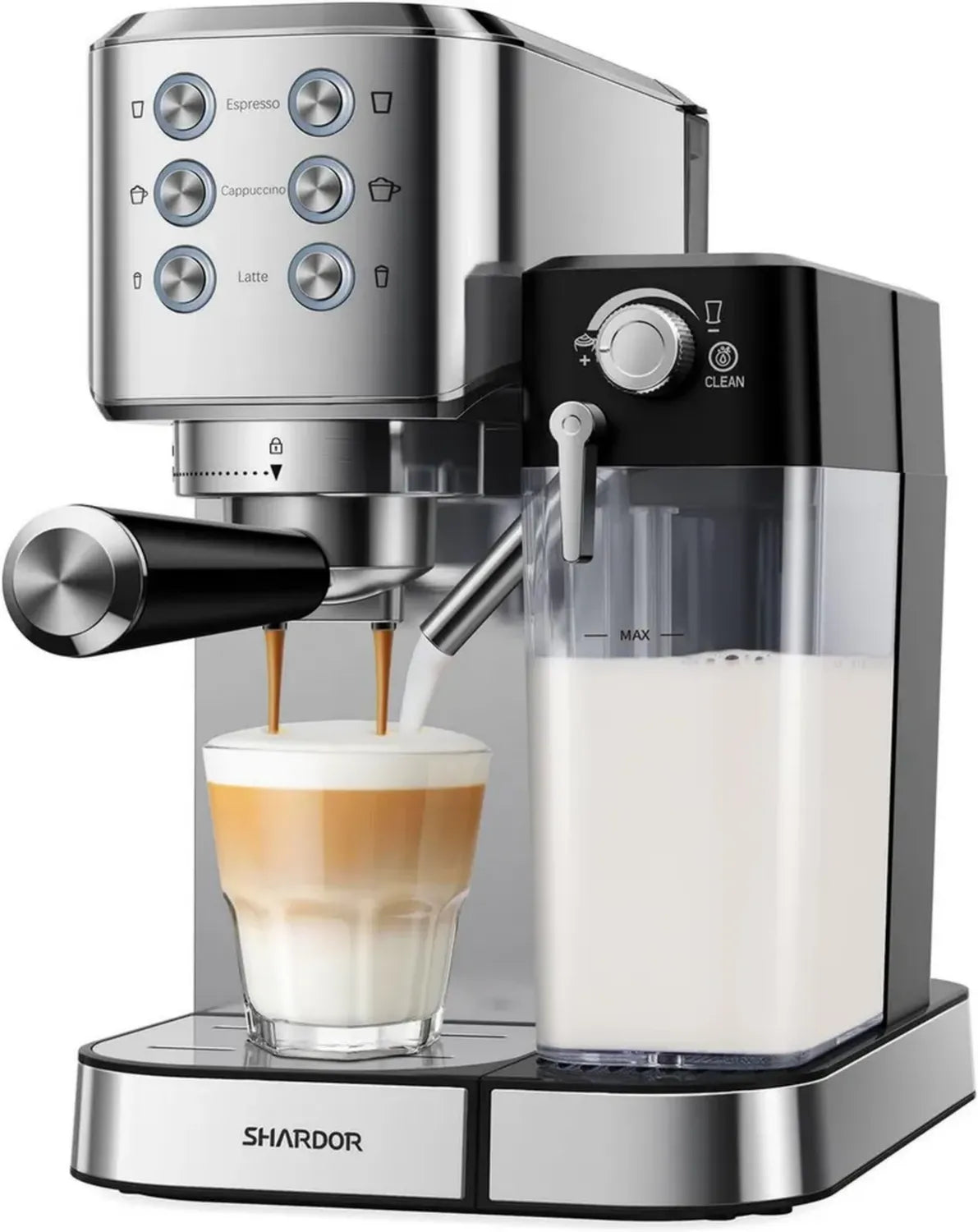SHARDOR Siebträgermaschine 1350W, 20 Bar Espressomaschine mit Milchaufschäumer, Professionelle Kaffeemaschine für Cappuccino und Latte