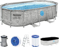 Bestway Power Steel Frame Pool Set mit Filterpumpe, Oval, 427 x 250 x 100 cm, Steinoptik
