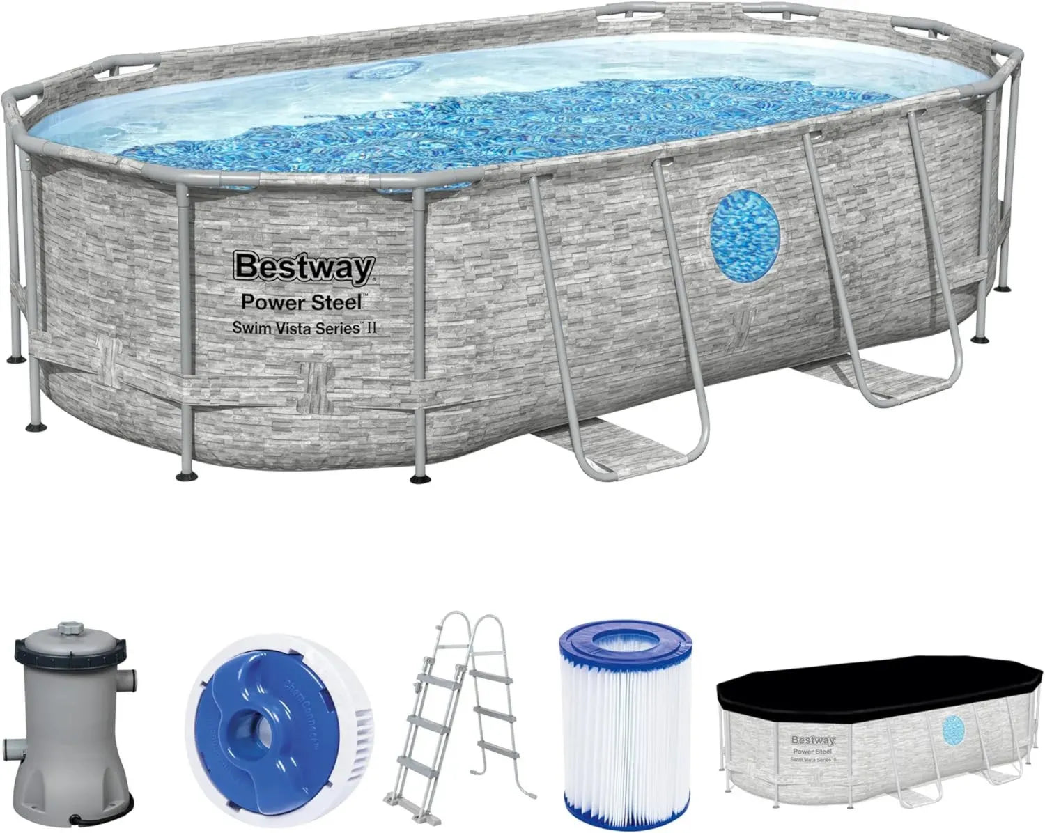 Bestway Power Steel Frame Pool Set mit Filterpumpe, Oval, 427 x 250 x 100 cm, Steinoptik